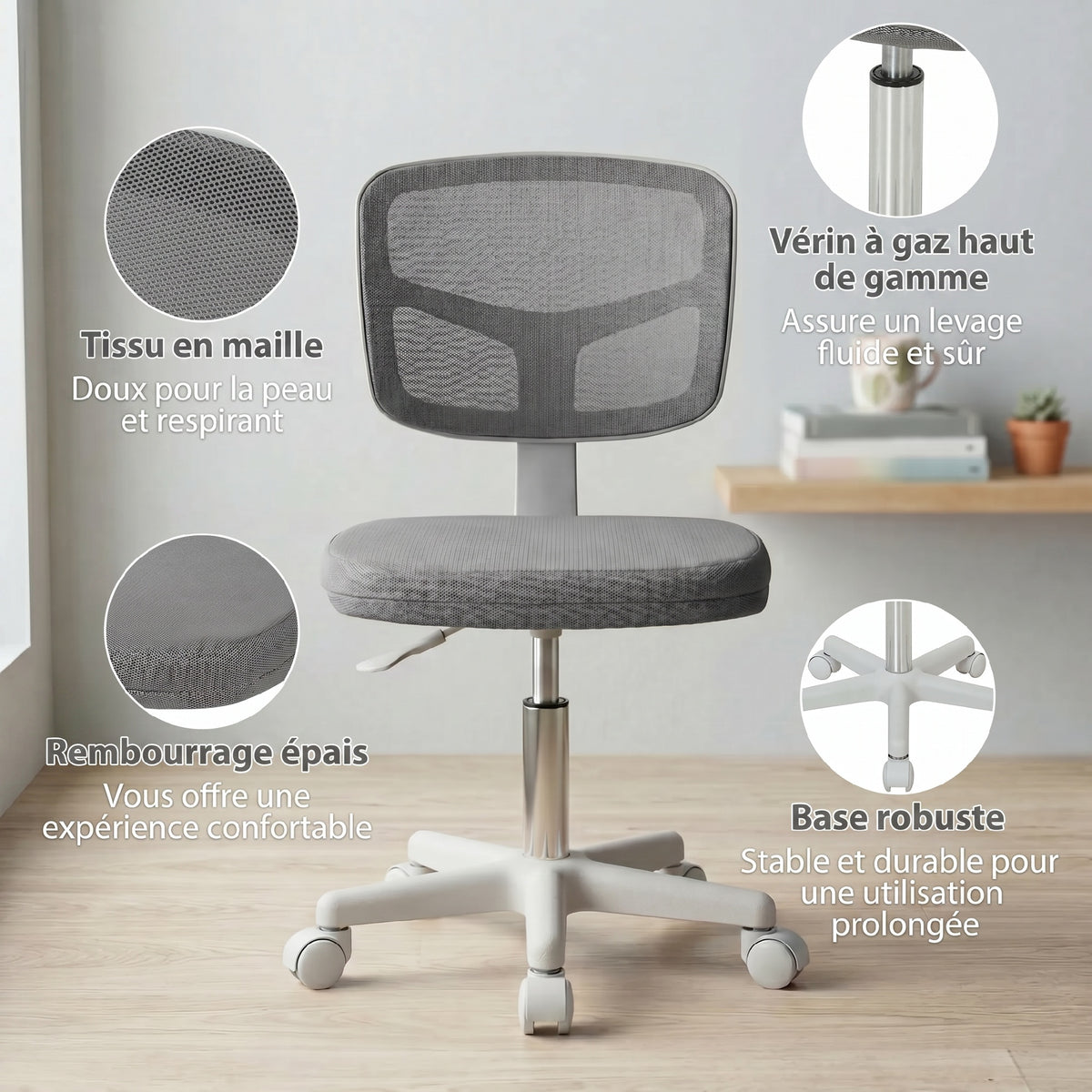 Chaise de Bureau Ergonomique Sans Accoudoirs, Fauteuil de Bureau Pivotant, Dossier Courbé en Maille et Roulettes, Gris