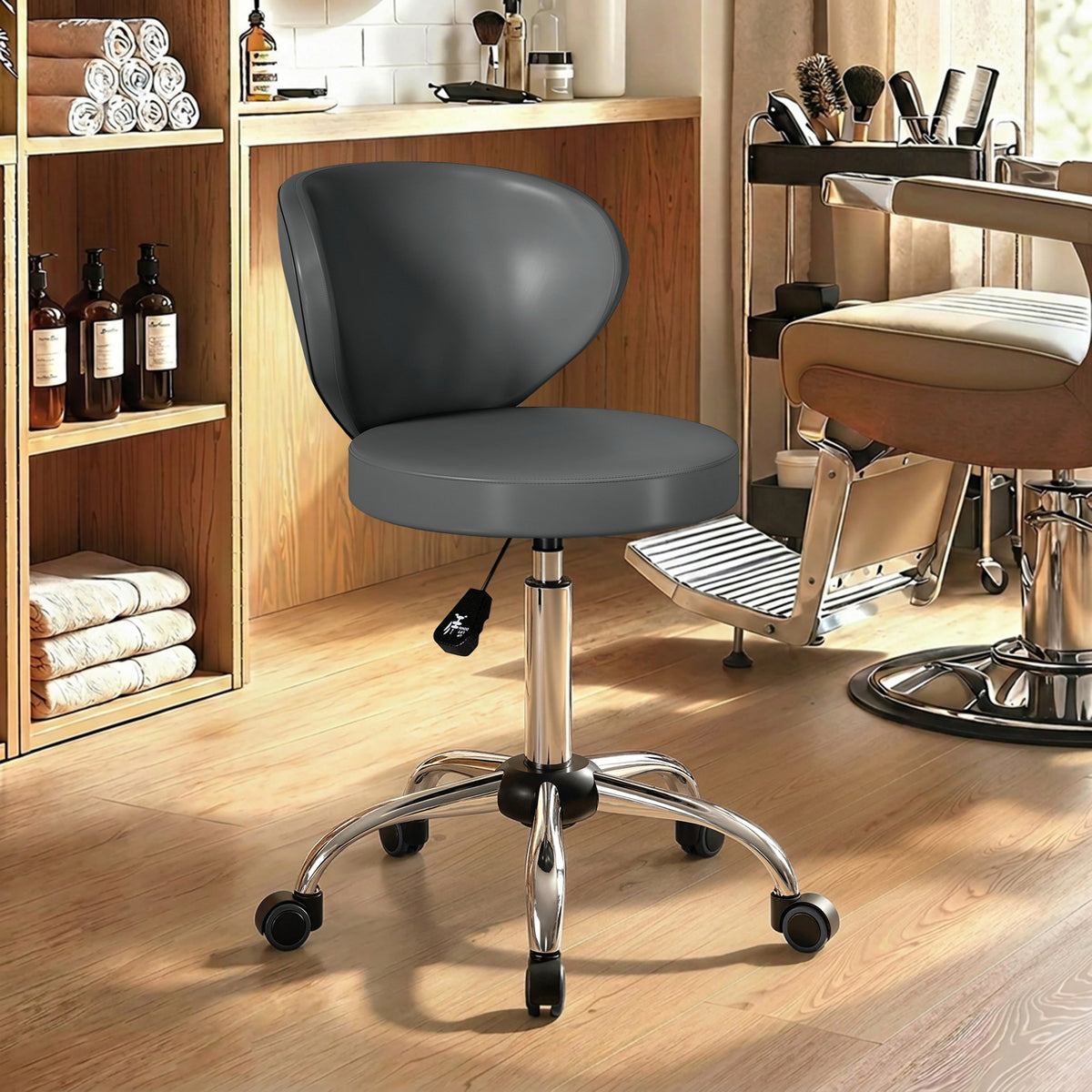 Taburete con ruedas, taburete de masaje de PU con altura ajustable de 73-88 cm y respaldo, giratorio 360°, gris