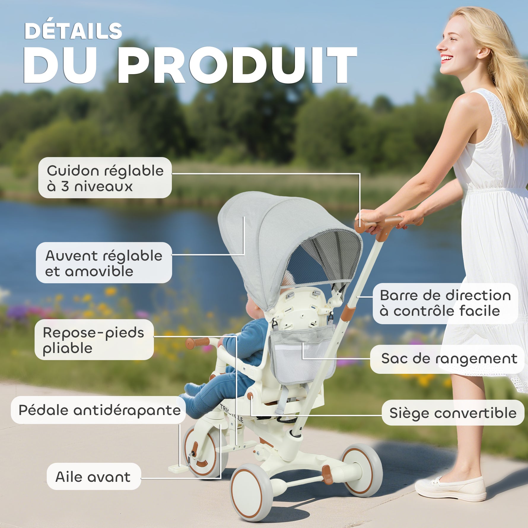 Tricycle bébé évolutif 5 en 1, tricycle enfant pliable avec poignée réglable, capote amovible, pour 1-3 ans, crème