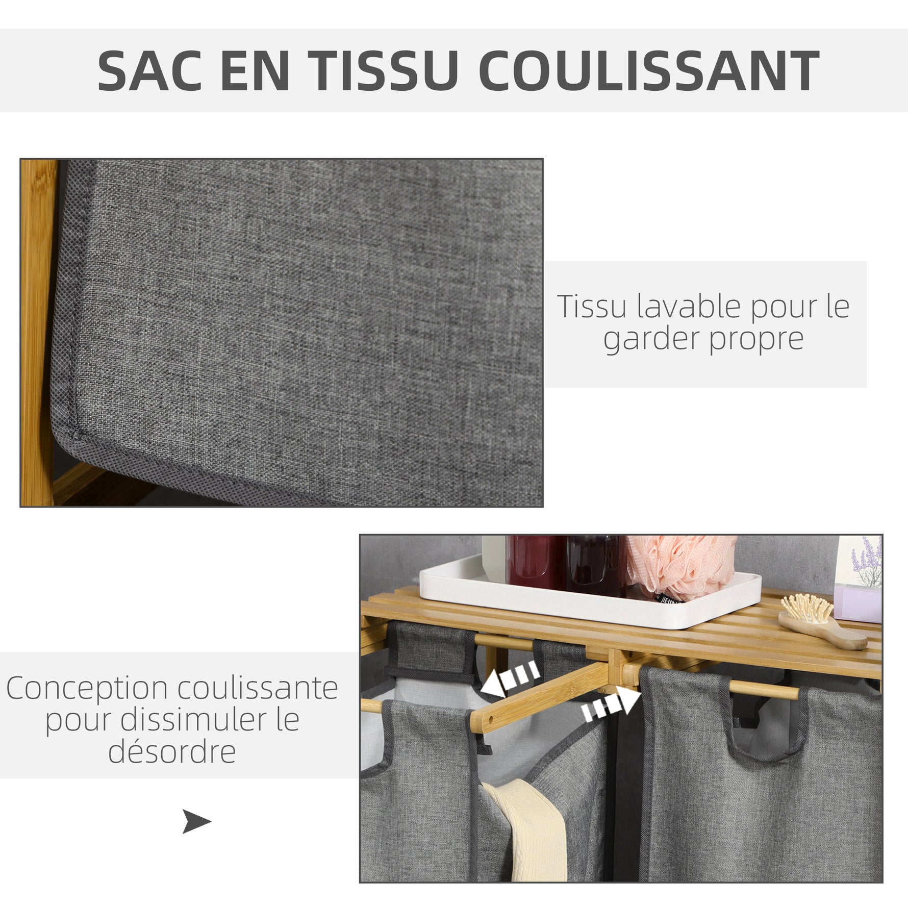 Panier à linge en bambou 2 paniers amovibles et coulissants en non-tissé 63,5 x 33 x 73 cm gris foncé
