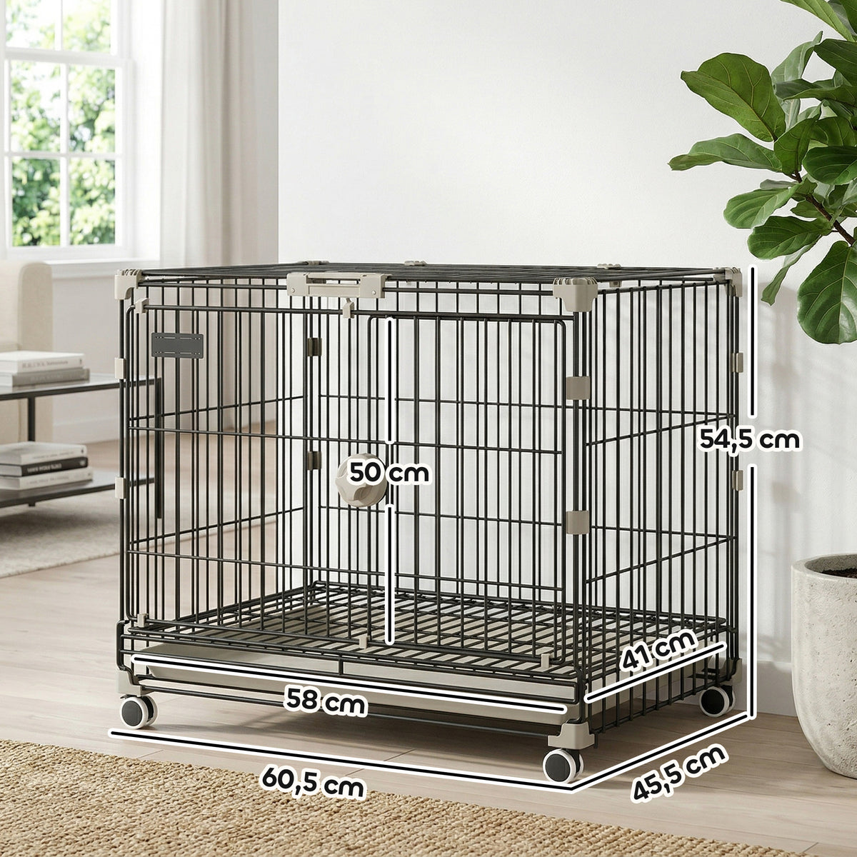 Cage pour Chien, Plateau Amovible, Roues avec Freins, Toit Ouvrant Verrouillable, 60,5x45,5x54,5cm, Noir