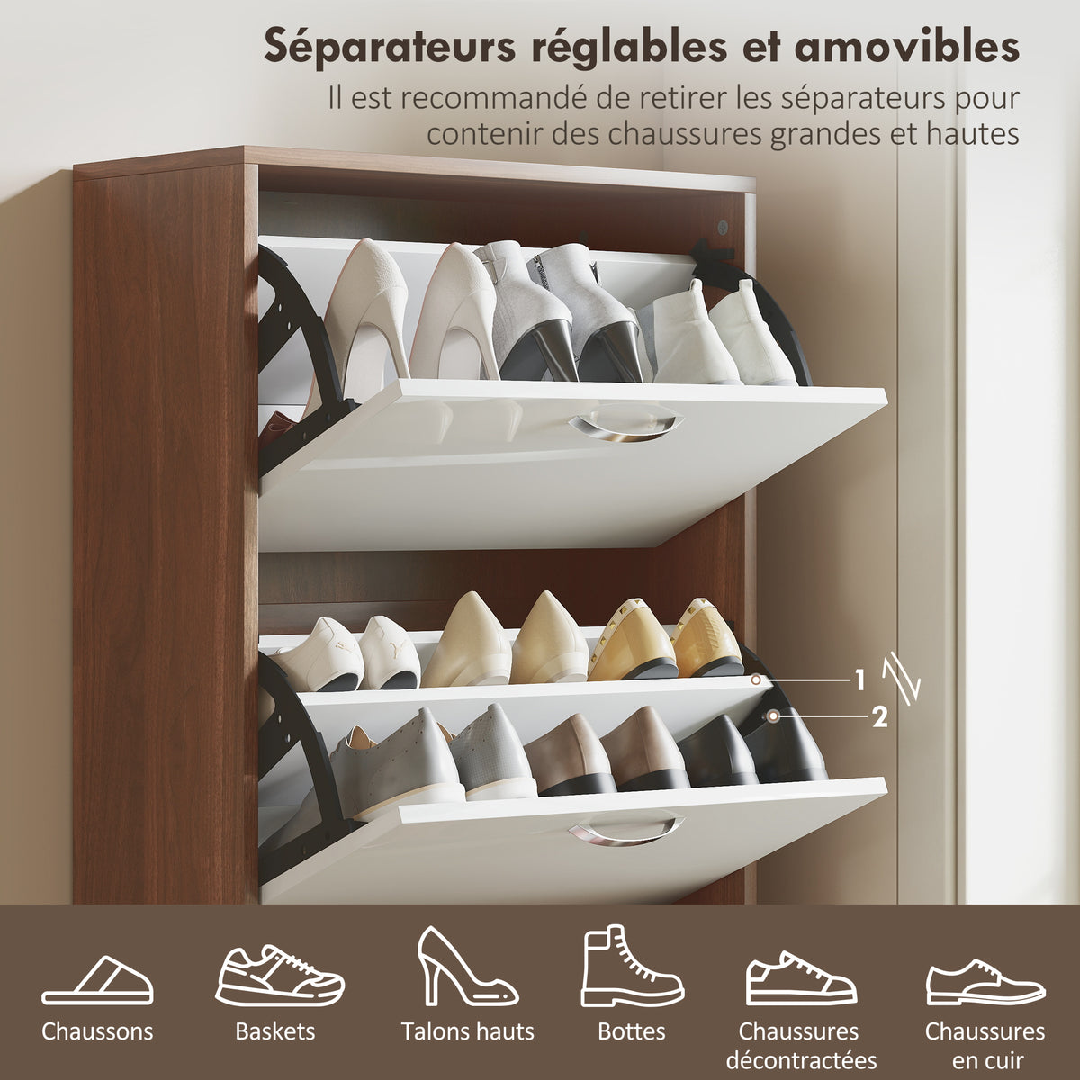 Armoire à Chaussures Meuble à Chaussures 5 Portes abattantes Bicolore Blanc Marron foncé Imitation Bois