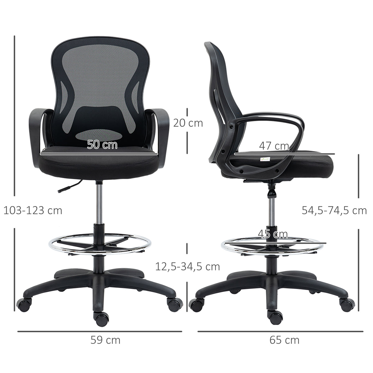 Chaise de bureau assise haute fauteuil de bureau en maille hauteur réglable pivotant avec repose-pied noir