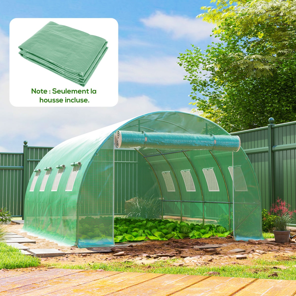 Ersatzplane für Folientunnel 12 m² 4 x 3 x 2 m PE UV-beständig wasserdicht 8 Fenster + aufrollbare Reißverschlusstür grün