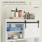 Meuble de rangement au-dessus des toilettes avec porte coulissante, Meuble étagère dessus WC, étagère réglable, blanc