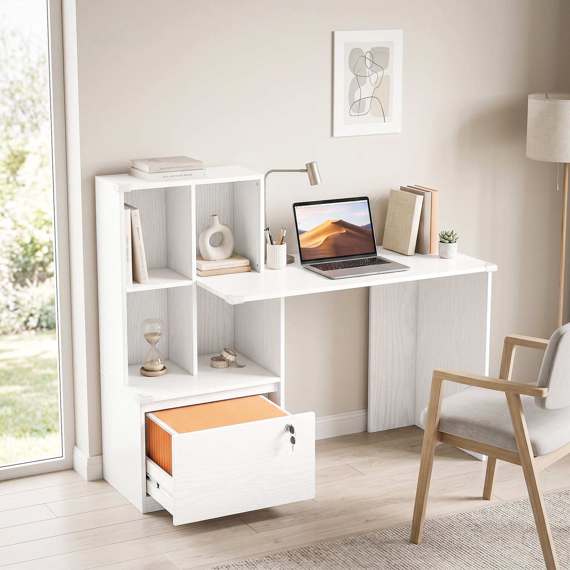 Computertisch mit Regal mit 4 Fächern und abschließbarer Schublade, 126 x 50 x 109 cm, weiße Holzmaserung