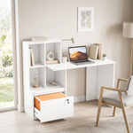 Scrivania con libreria a 4 scomparti e cassetto con serratura, 126 x 50 x 109 cm, venatura del legno bianca