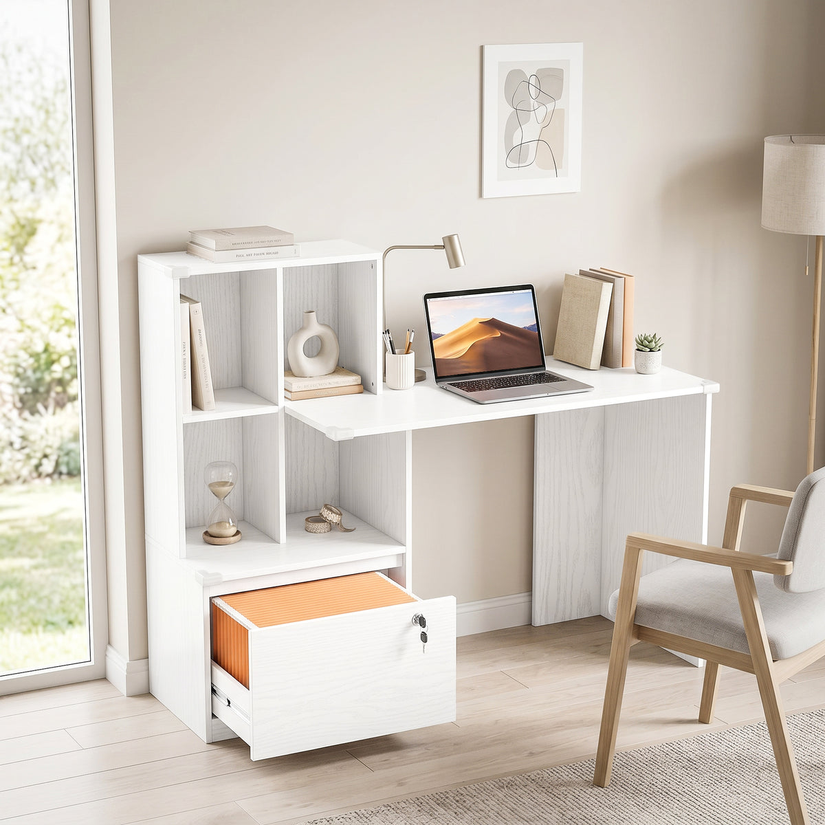 Scrivania con libreria a 4 scomparti e cassetto con serratura, 126 x 50 x 109 cm, venatura del legno bianca