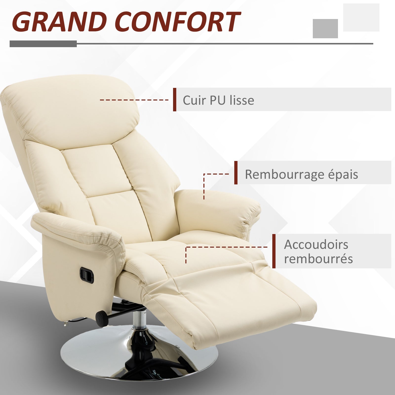 Fauteuil de relaxation inclinable pivotant repose-pied réglable, jusqu'à 150 kg, pour salon, chambre, home cinéma, crème