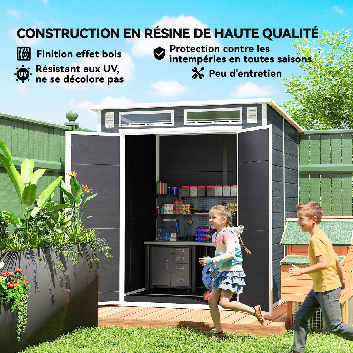Abri de Jardin en Résine Cabanon de Rangement Double Porte 3 Fenêtres et 2 Aérations Anti-UV avec Plancher 3,3 m² Gris