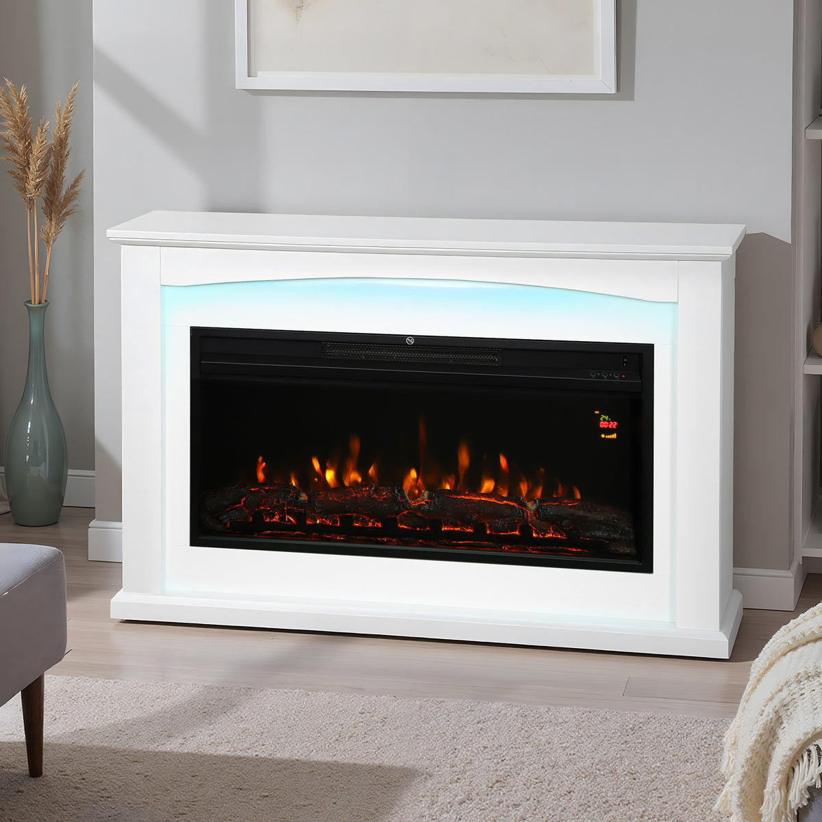 Cheminée électrique 1000W/2000W, fausse cheminée décorative, effet flamme à 5 luminosités réglables, 121x25x77cm, blanc