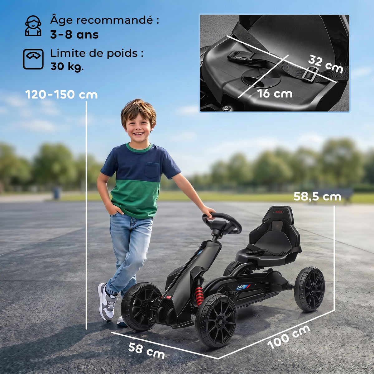 Kart à pédales pour enfants avec siège ajustable 4 positions et roues en EVA 100 x 58 x 58,5 cm noir