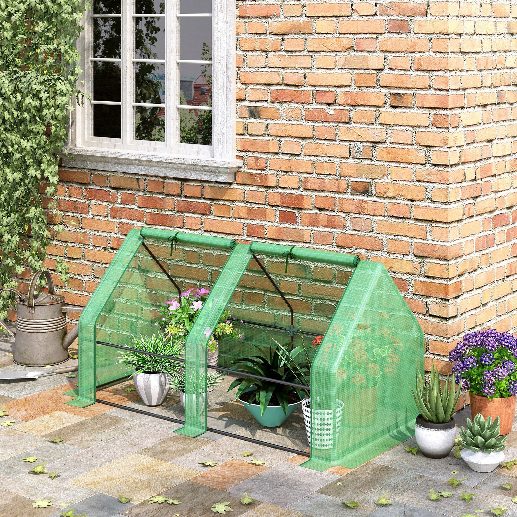 Mini Serre de Jardin Mini Serre Tunnel 180L x 90l x 90H cm Toit Pointu Acier PE Haute Densité 140 g/m² Anti-UV Fenêtres avec Zip Enroulables Vert