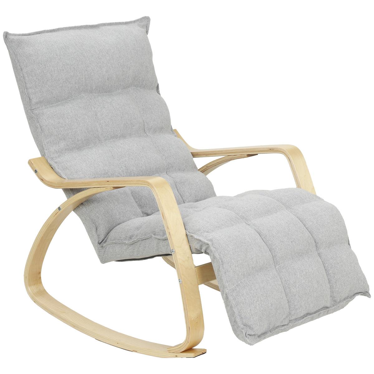 Poltrona a dondolo con poggiapiedi regolabile, sedia a dondolo con gambe in legno di betulla, 67x93x105 cm, grigio chiaro
