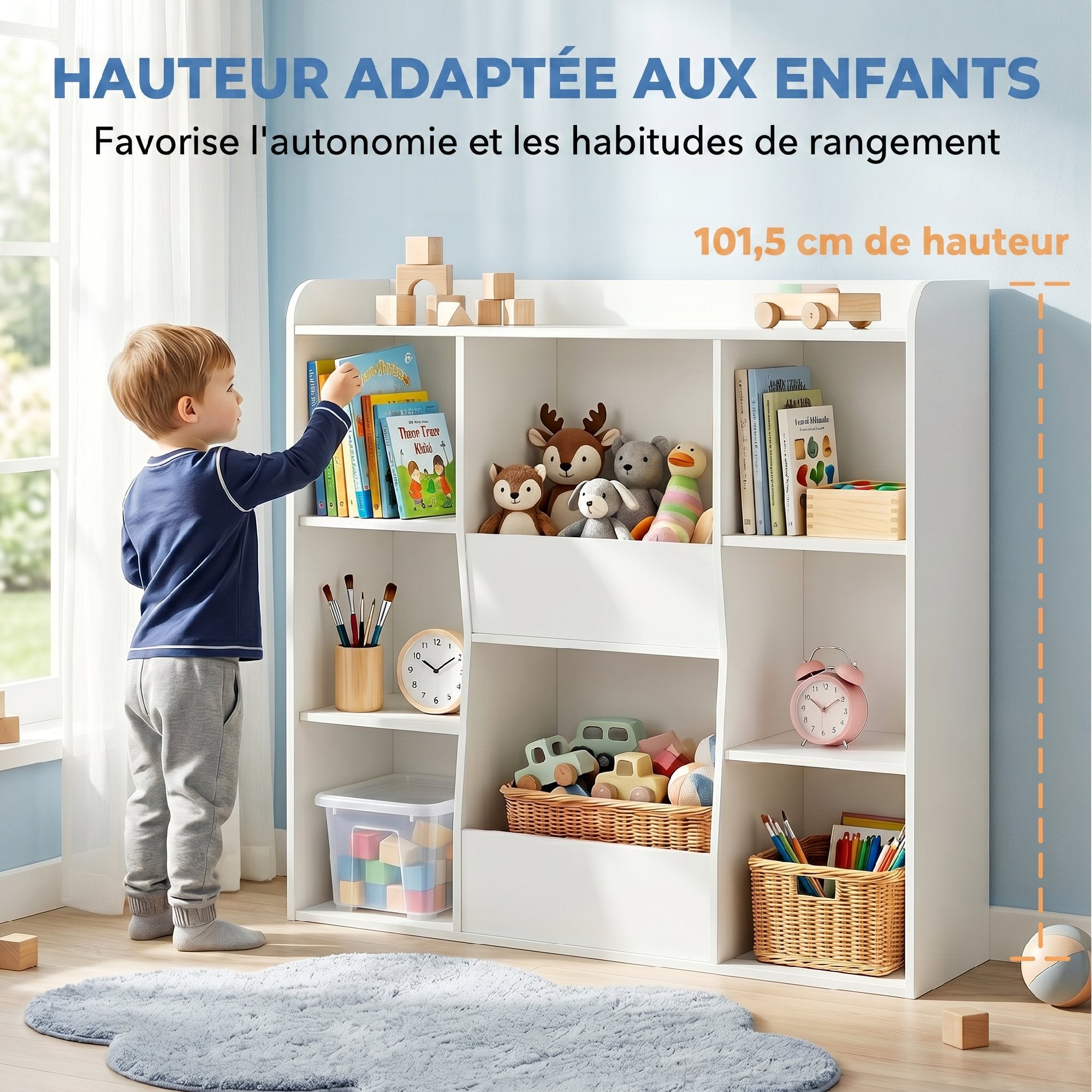 Meuble rangement enfant, bibliothèque enfants avec 8 compartiments et étagère supérieure, 104 x 29 x 101,5 cm, blanc