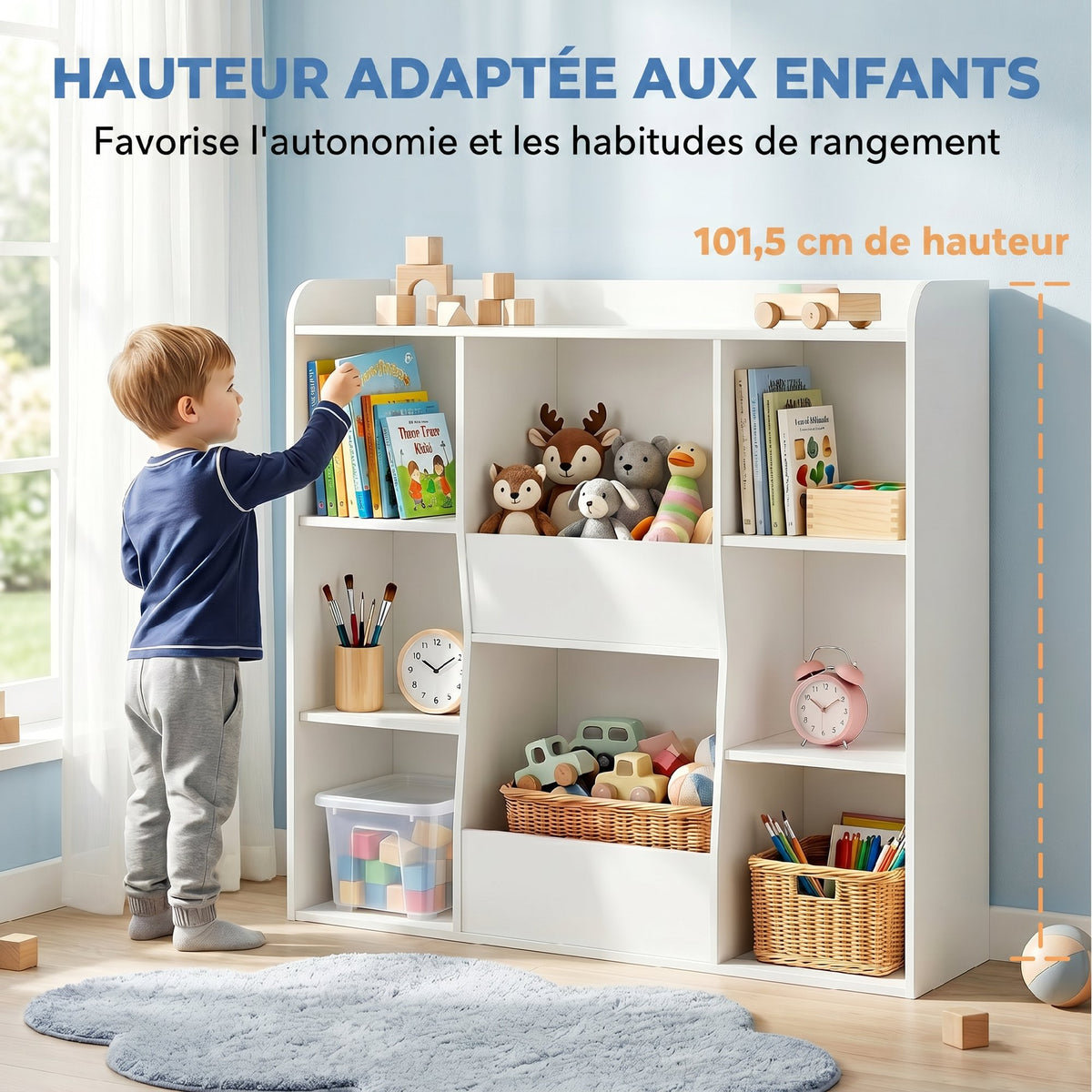 Meuble rangement enfant, bibliothèque enfants avec 8 compartiments et étagère supérieure, 104 x 29 x 101,5 cm, blanc