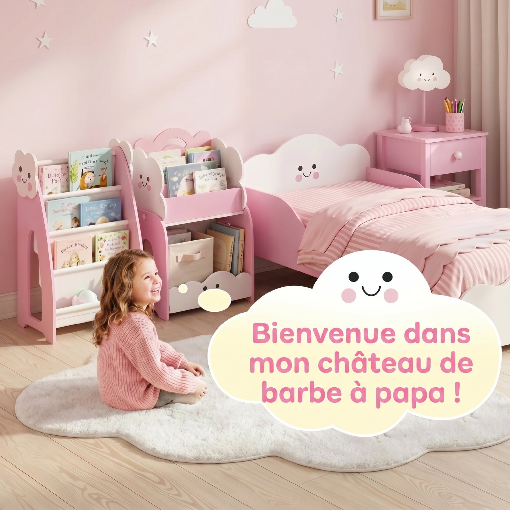 Meuble rangement enfant 3 à 8 ans, rangement jouets enfant modulaire avec porte-magazines à 4 étagères, rose