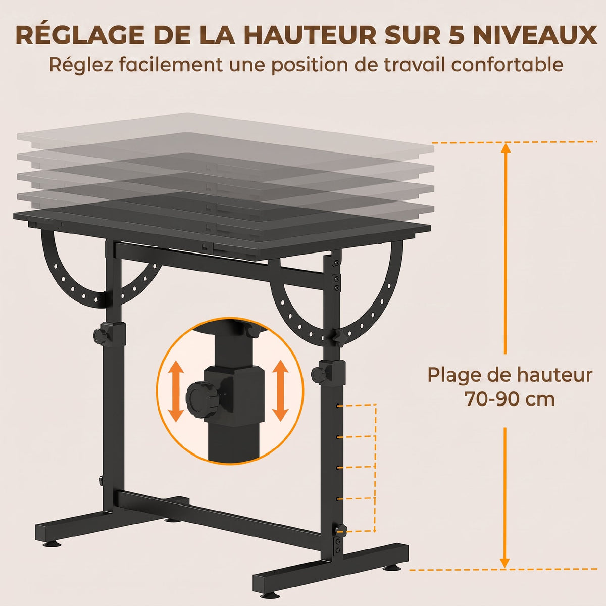 Table à Dessin Inclinable 0°-85°, Bureau à Dessin Réglable en Hauteur avec Rebord Antidérapant, Cadre en Acier, Noir
