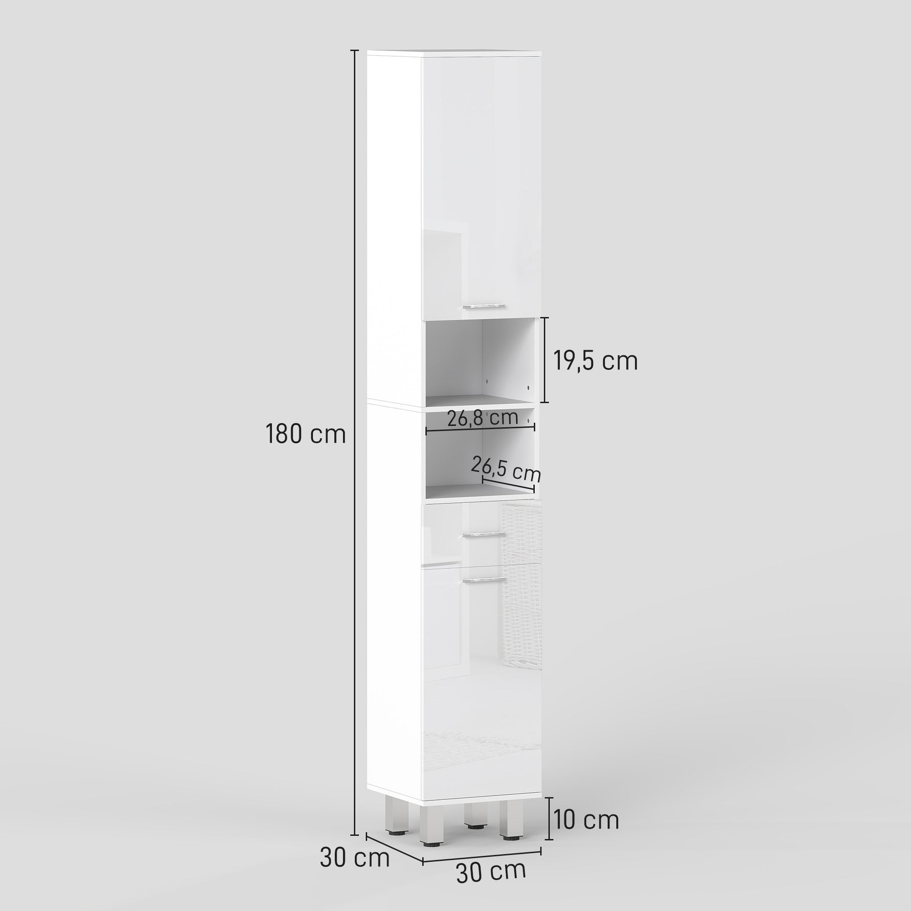 Meuble colonne salle de bain avec étagères réglables et compartiments ouverts, 30x30x180cm, blanc brillant