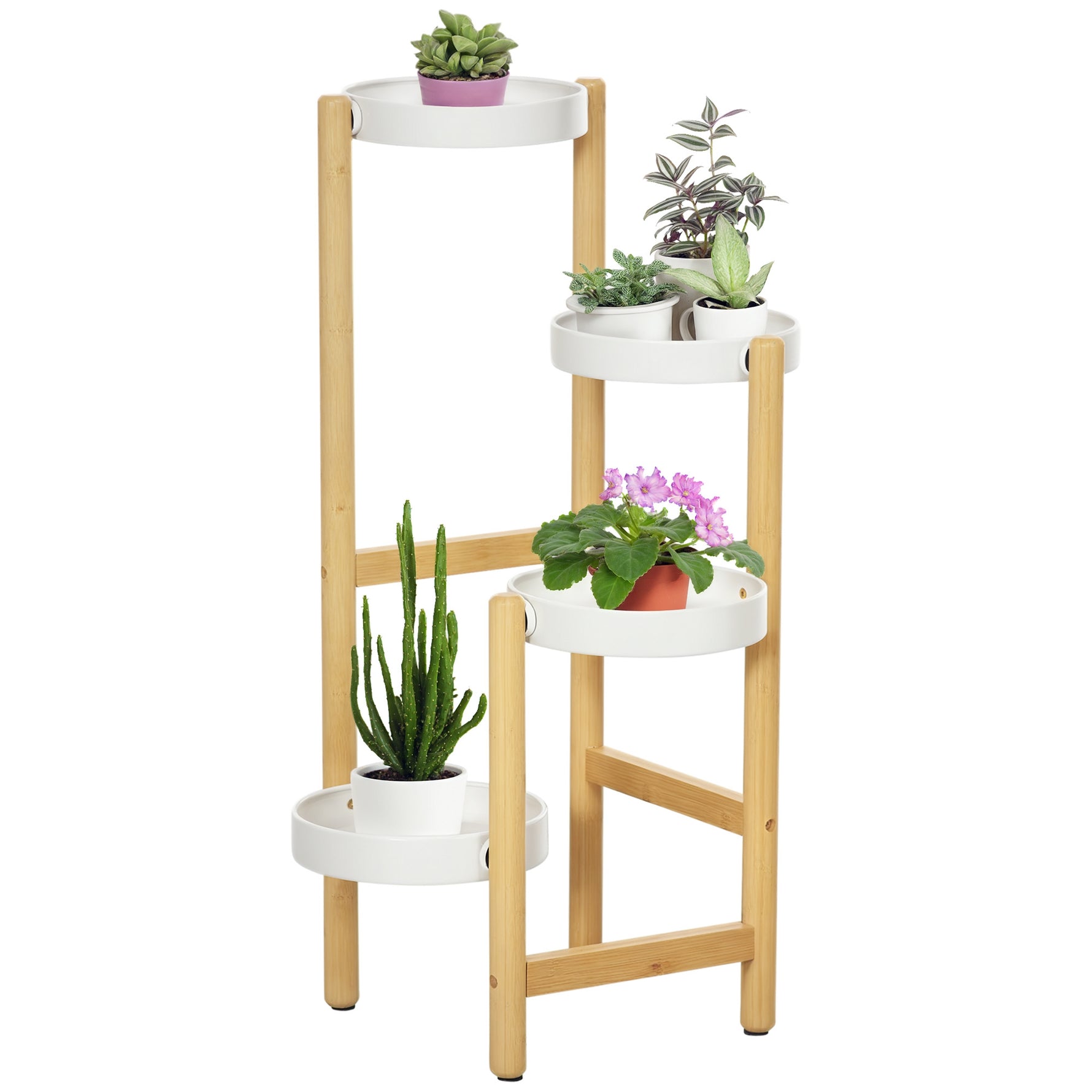 Support pour plantes étagère à fleurs à 4 niveaux en bambou et métal pour extérieur intérieur 28 x 28 x 80 cm blanc