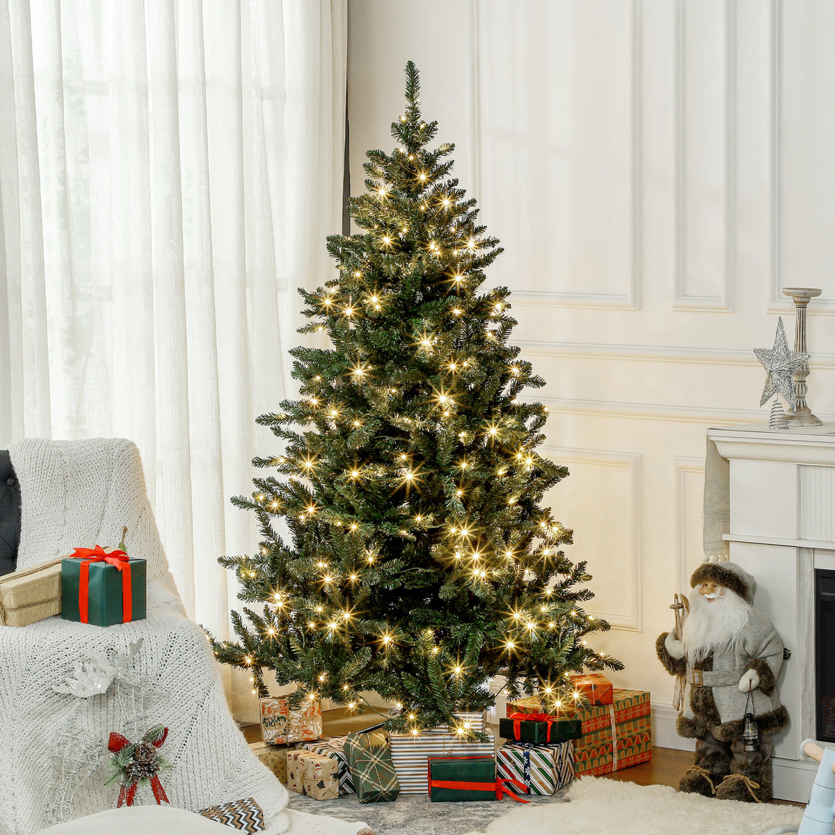 Sapin de Noël Artificiel 180 cm arbre de Noël lumineux LED blanc chaud 872 branches base en métal - vert