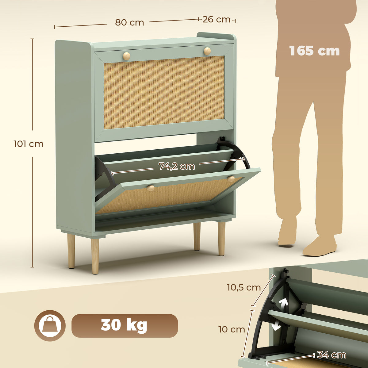 Meuble à chaussures 12 paires, armoire à chaussures avec 2 tiroirs rabattables, étagères réglables, 80x26x101 cm, vert