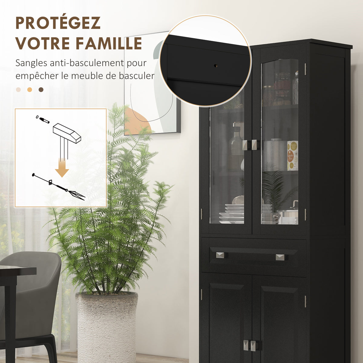 Buffet haut armoire de cuisine 4 portes dont 2 portes vitrées et 1 tiroir hauteur 160 cm avec étagères en bois noir