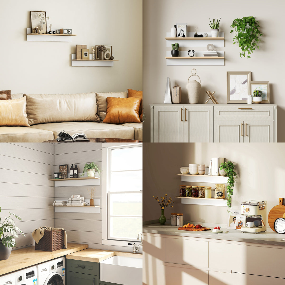 Lot de 2 étagères murales de 80 cm, étagères flottantes pour salon, entrée, chambre et cuisine, blanc et bois naturel