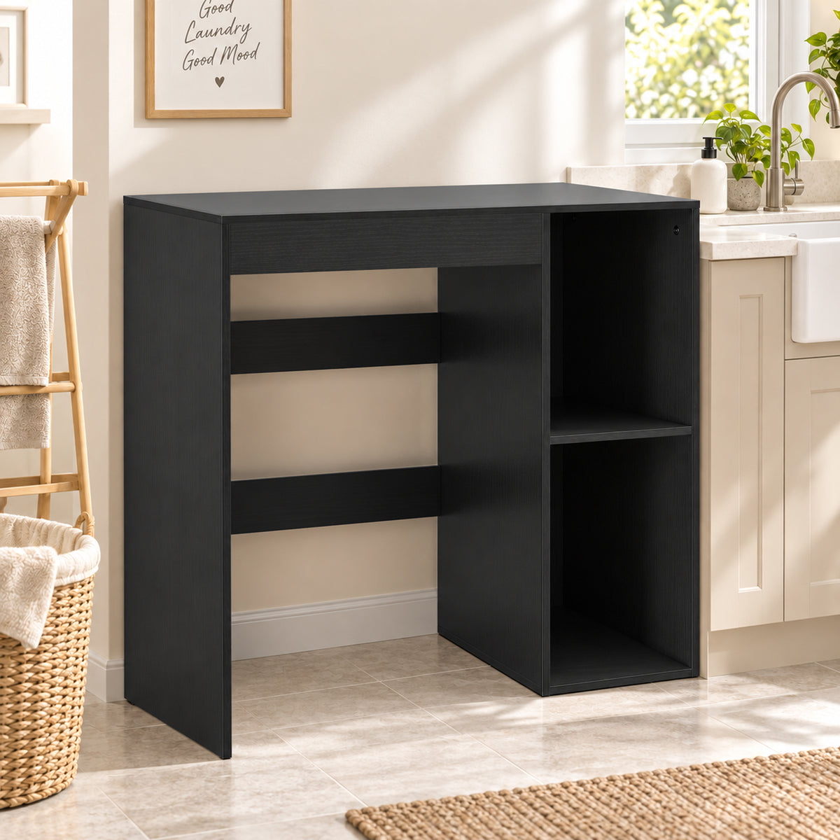 Mueble para lavadora, armario para lavadora y secadora con 2 compartimentos abiertos, 96 x 60 x 90,5 cm, negro