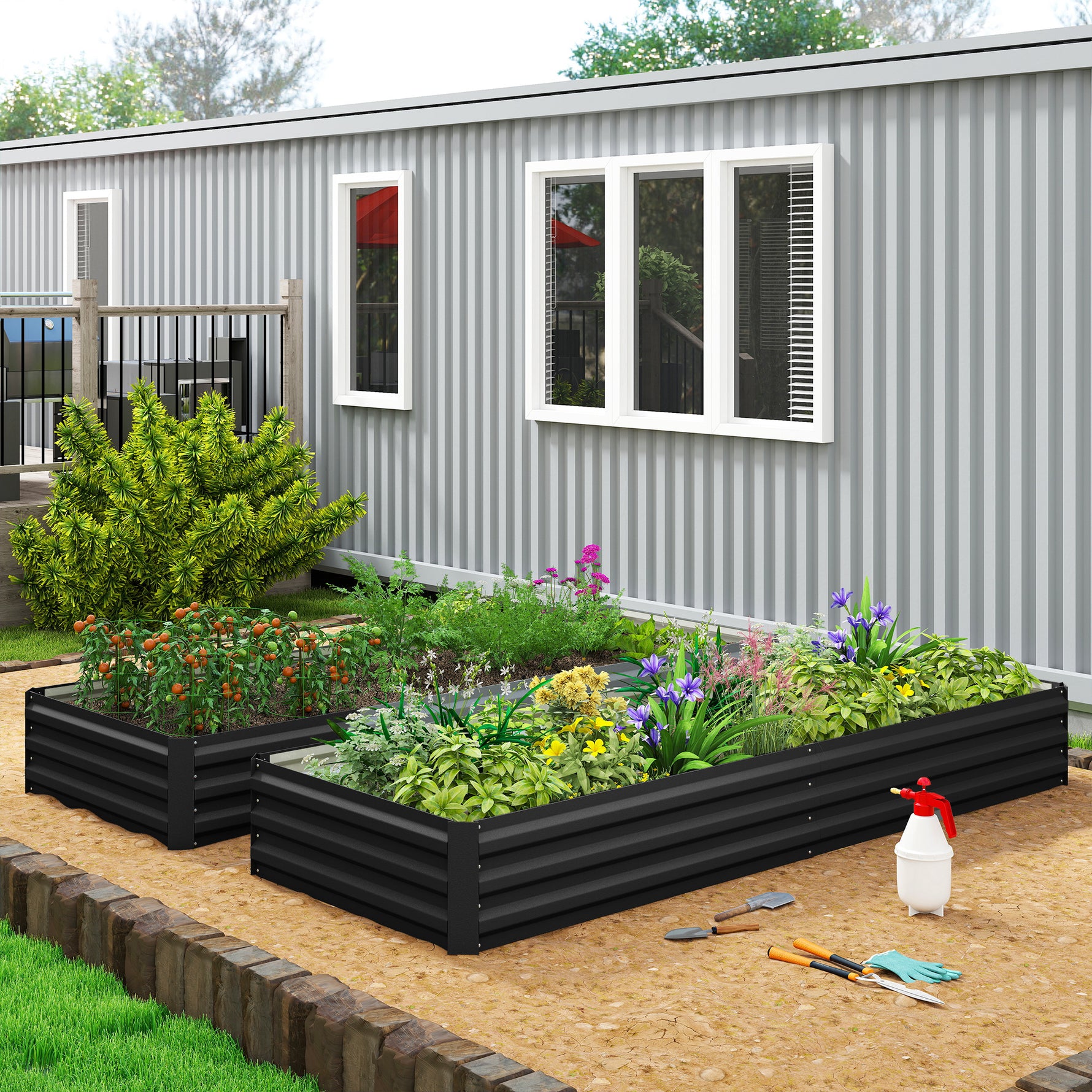 Carré potager de jardin rectangulaire jardinière extérieure 241 x 90,5 x 30 cm tôle d'acier ondulée noir
