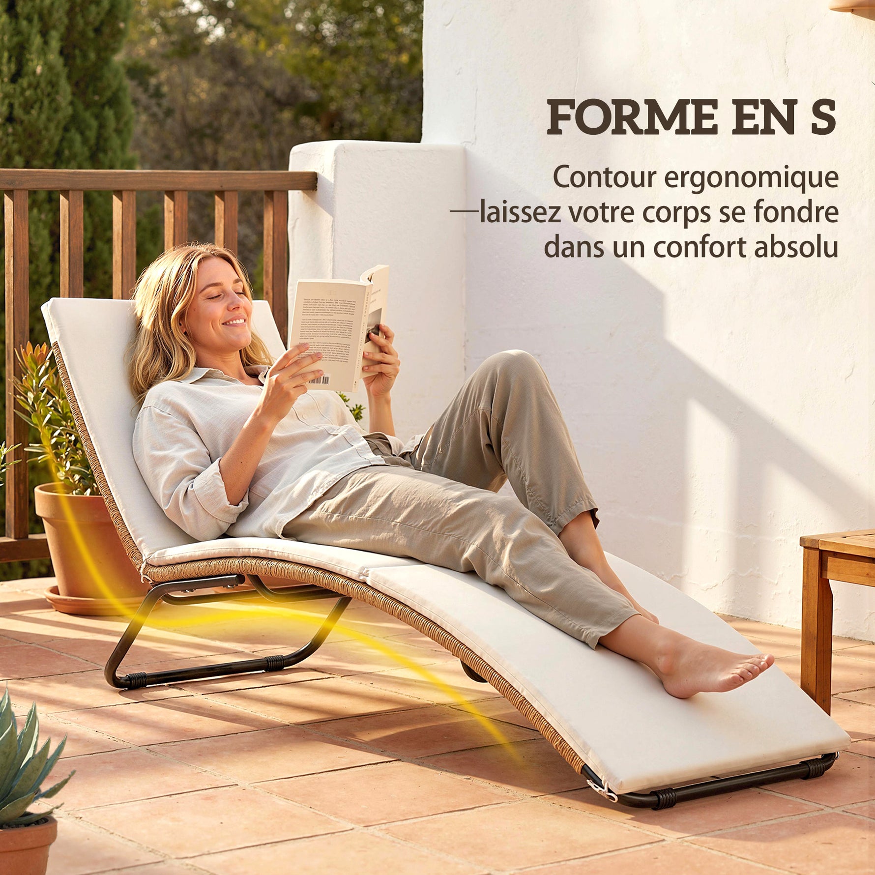 Bain de soleil en résine tressée transat de jardin design en S courbe naturelle structure robuste acier coussin crème