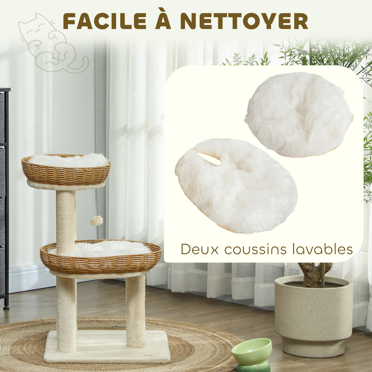 Arbre à chat arbre à grimper hauteur de 75,5 cm avec deux lits pour chat en rotin griffoirs coussins lavables beige