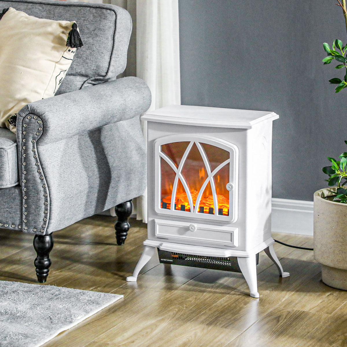 Cheminée électrique sur pied 1000/2000 W, fausse cheminée décorative avec effet flamme LED, blanc