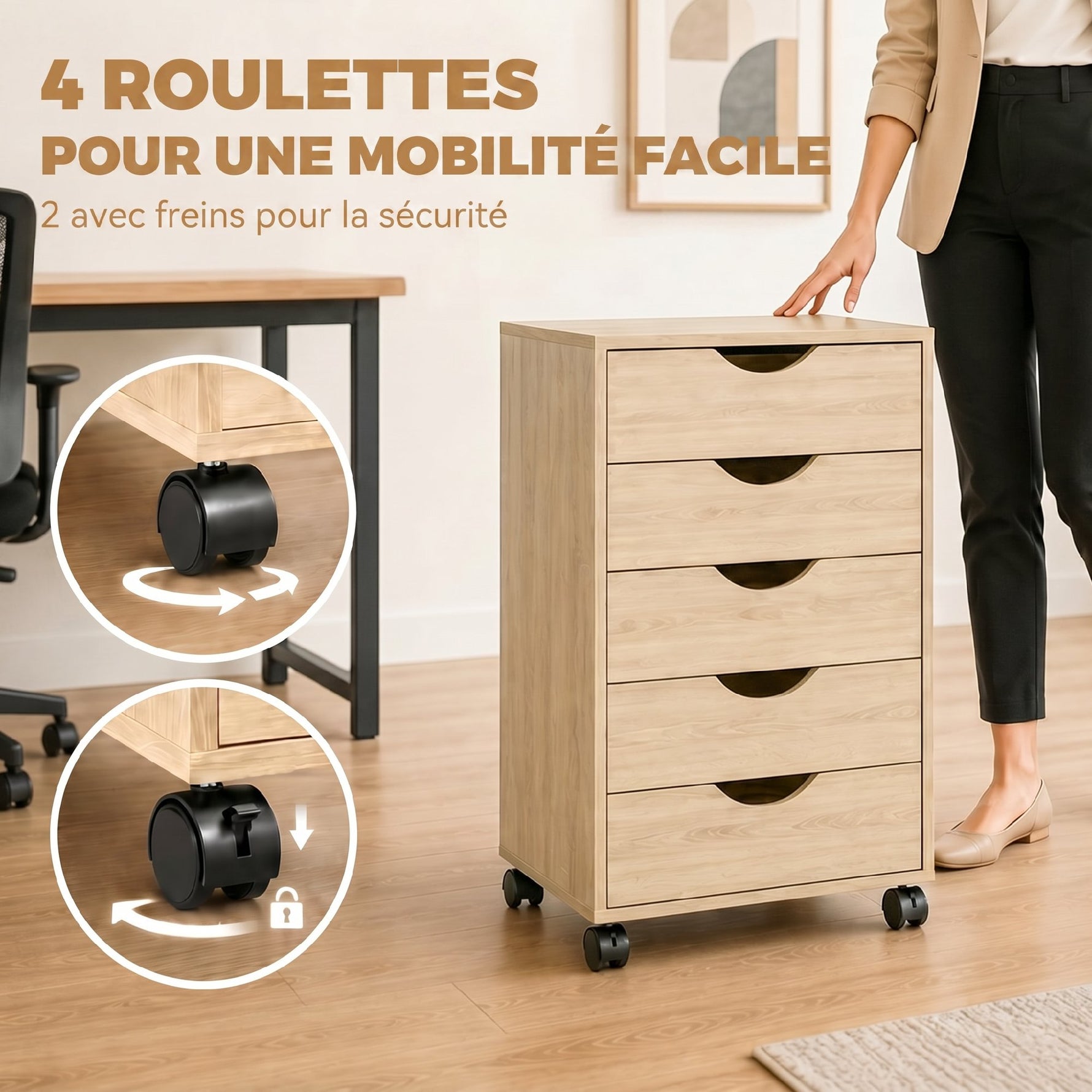 Caisson bureau mobile, meuble rangement sur roulettes avec 5 tiroirs, bois, 40 x 40 x 67 cm, chêne