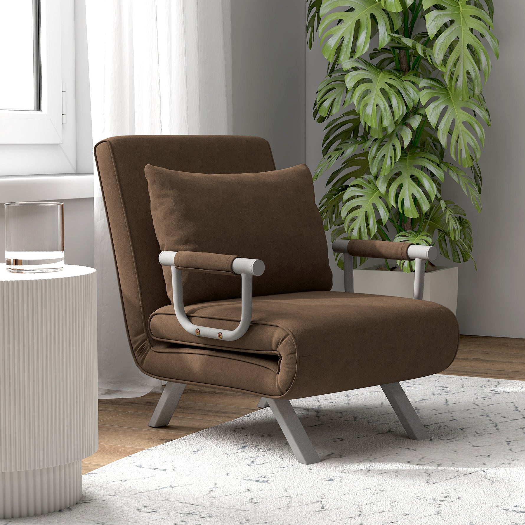 Fauteuil chauffeuse canapé-lit Convertible 1 Place déhoussable Grand Confort Coussin Pieds accoudoirs métal suède Marron