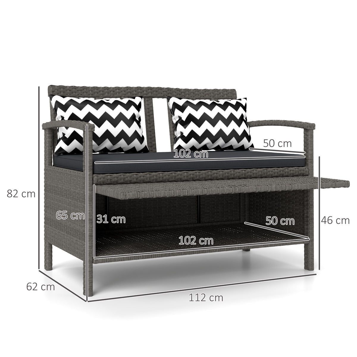 Gartenbank für 2 Personen, 160L Stauraumbank aus PE-Rattan mit Sitzkissen und 2 Kissen, 112 x 62 x 82 cm, Grau