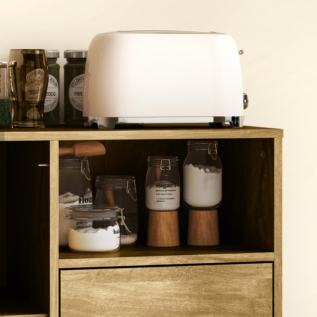 Buffet, meuble de rangement avec 2 tiroirs, compartiment ouvert et étagère réglable, 80l x 40P x 78H cm, naturel