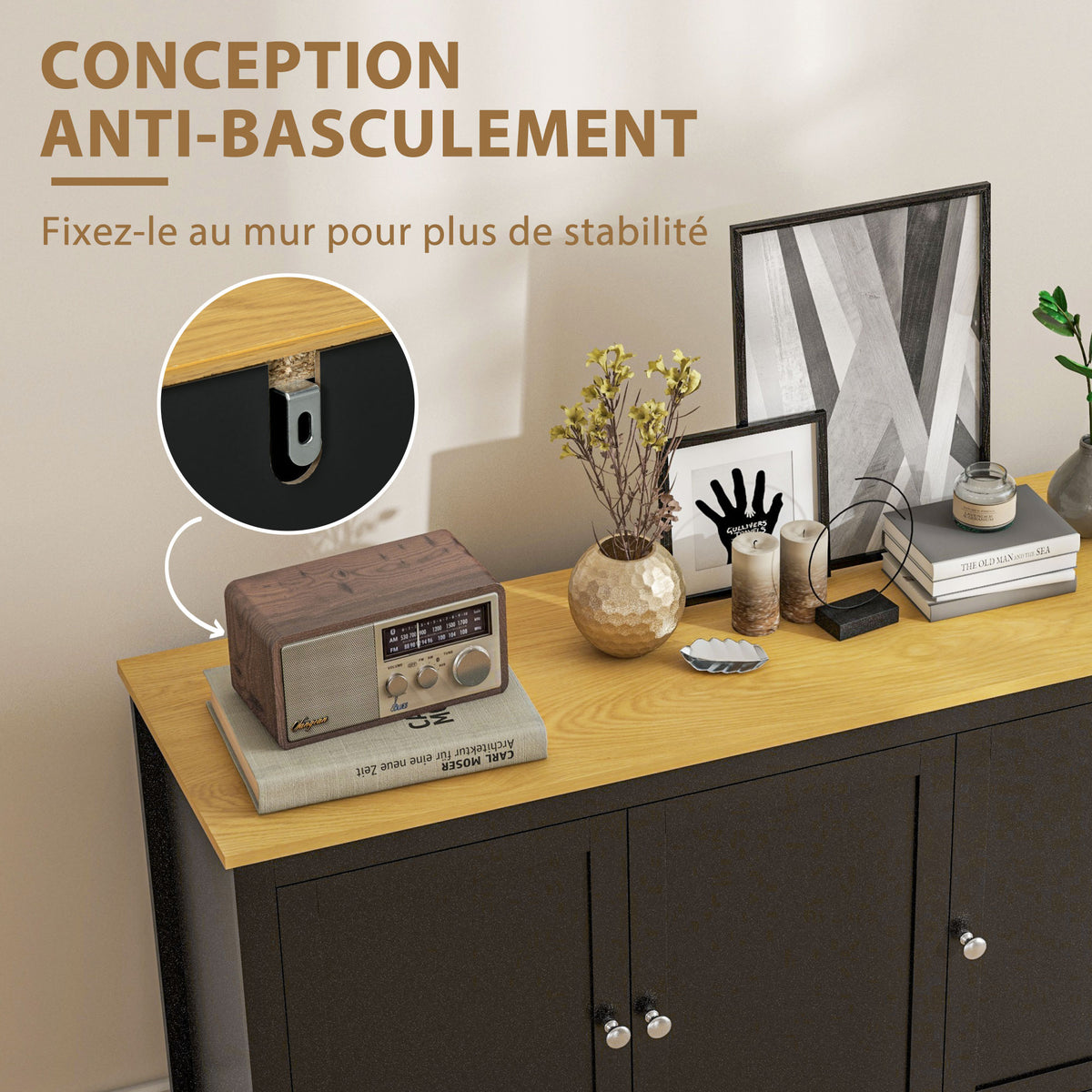 Buffet meuble de rangement avec 3 portes 2 étagères réglables plateau aspect bois clair 120 x 40 x 70 cm noir
