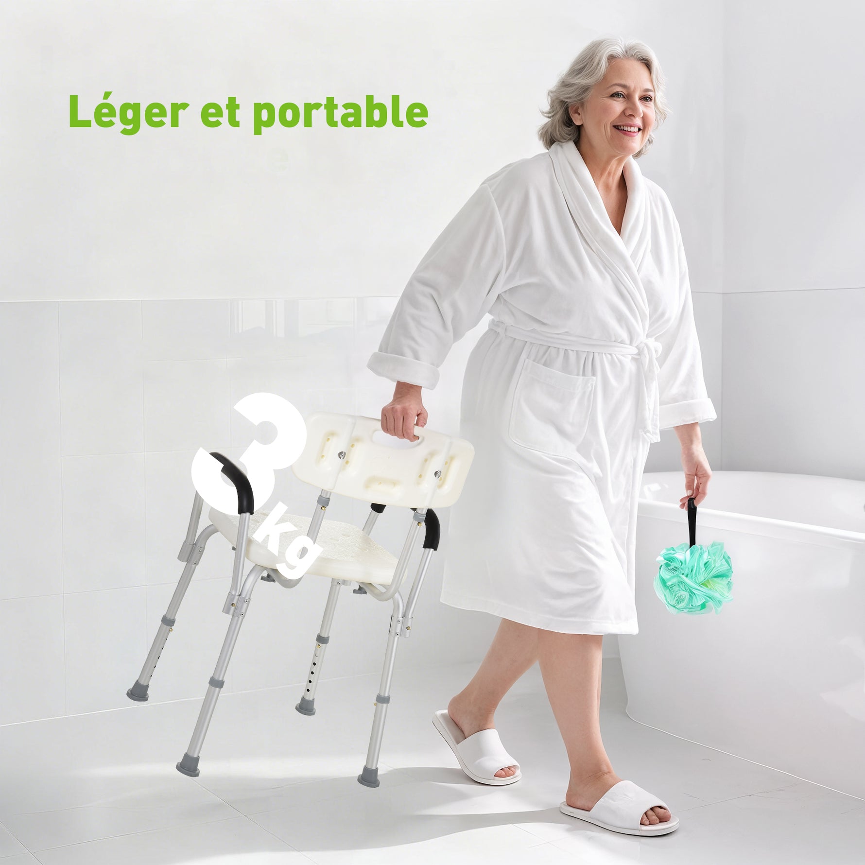 Chaise de Douche siège de Douche Ergonomique Hauteur réglable Pieds antidérapants Dossier accoudoirs Amovibles Charge Max. 136 Kg alu HDPE Blanc
