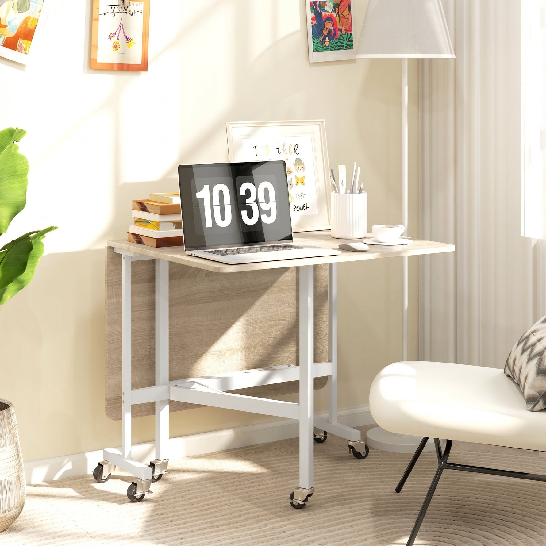 Table à Manger Pliante sur Roulettes pour 4-6 Personnes 120 cm, Roues avec Freins, 2 Abattants, Style Industriel, Chêne