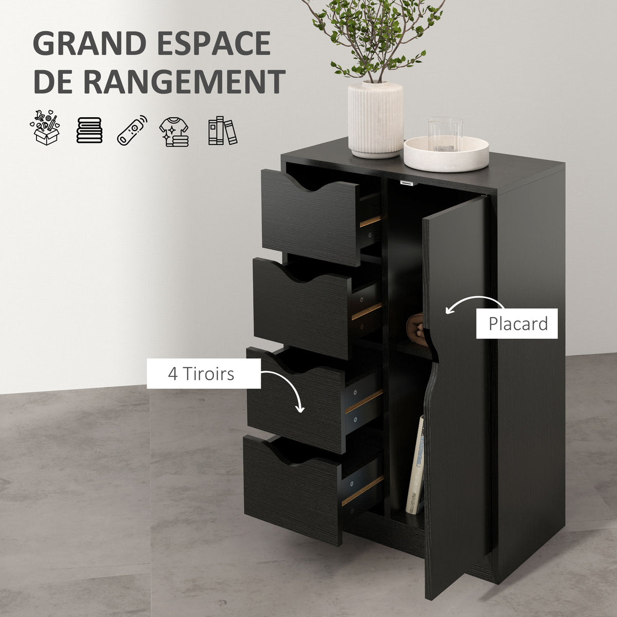 Aufbewahrungsmöbel Sideboard Kommode mit 1 Schranktür und 4 Schubladen, aus Holz, für Wohnzimmer, Küche, Flur, Esszimmer, Schwarz