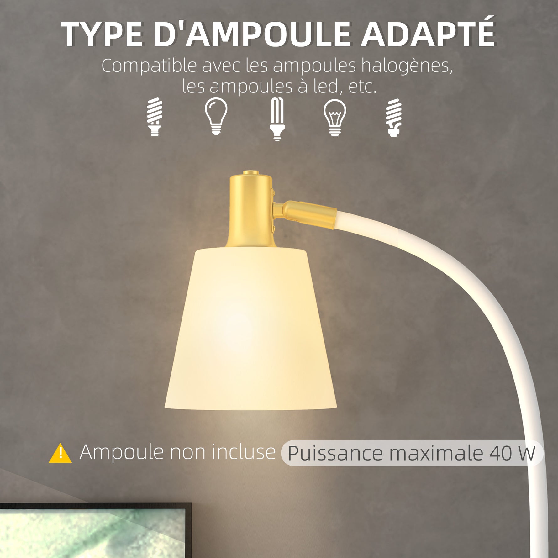 Lampadaire de salon réglable en hauteur 127-160 cm avec interrupteur, douille E27, blanc