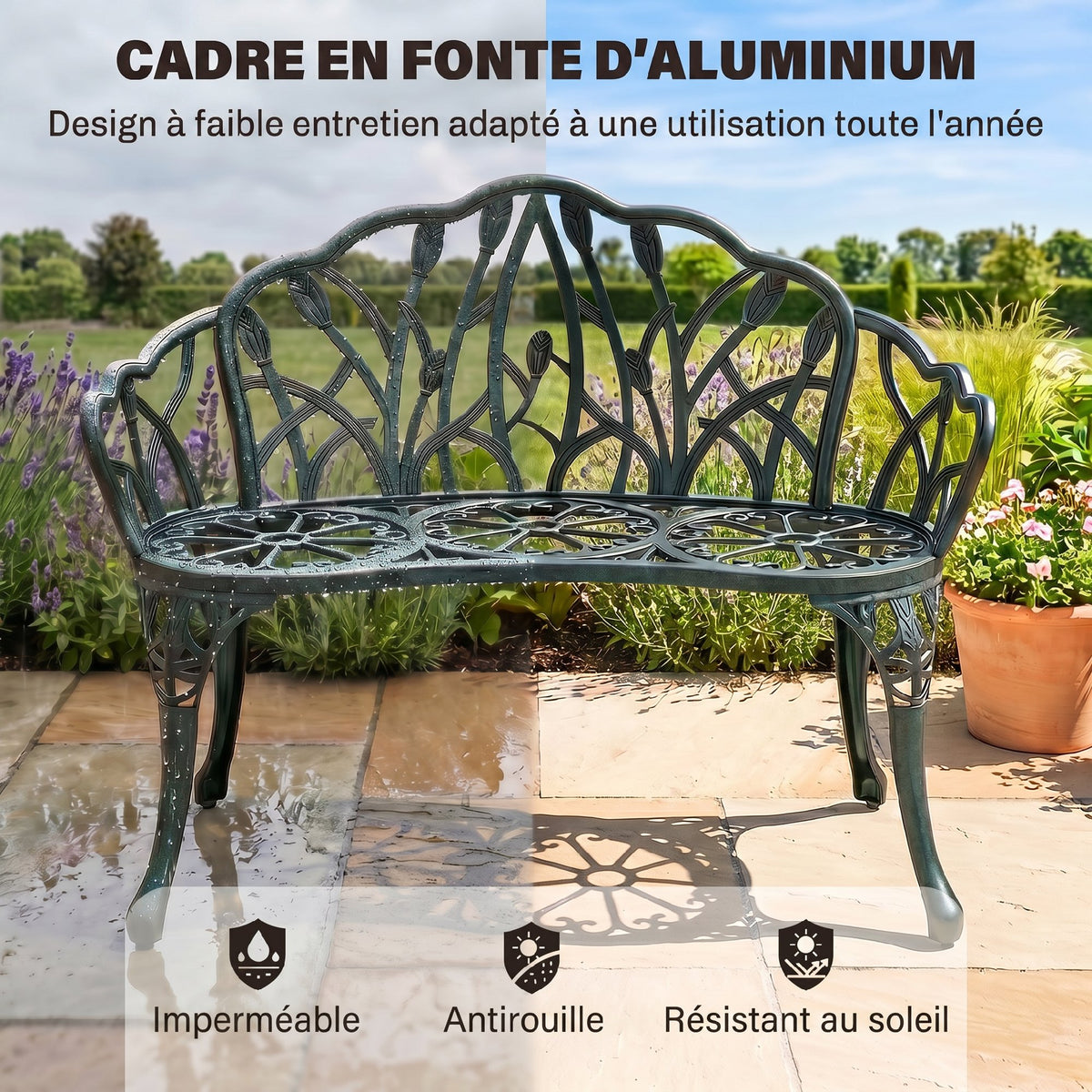 Cast aluminum garden bench, 2-seater outdoor bench with tulip backrest, floral seat, 99x57x78cm, antique green