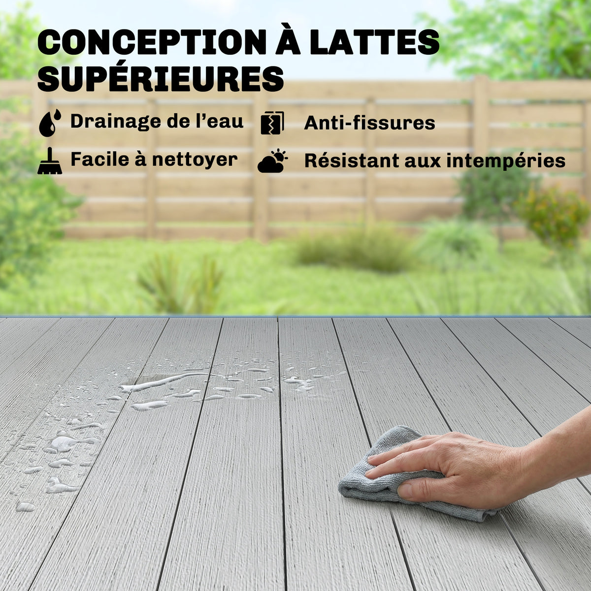 Table de jardin pour 4 à 6 personnes, table à manger extérieure avec plateau à lattes, 140 x 90 x 74 cm, gris