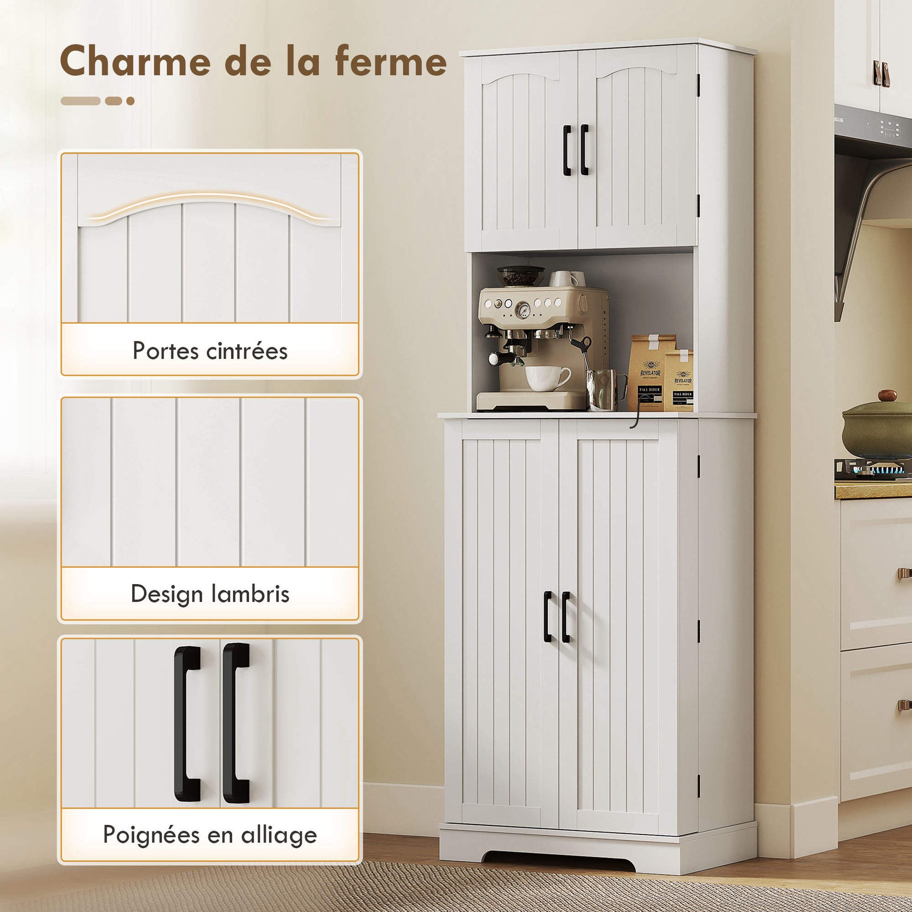 Buffet haut cuisine armoire de cuisine, 4 portes plan de travail 8 porte-épices étagères réglables 60x40x181,5cm blanc