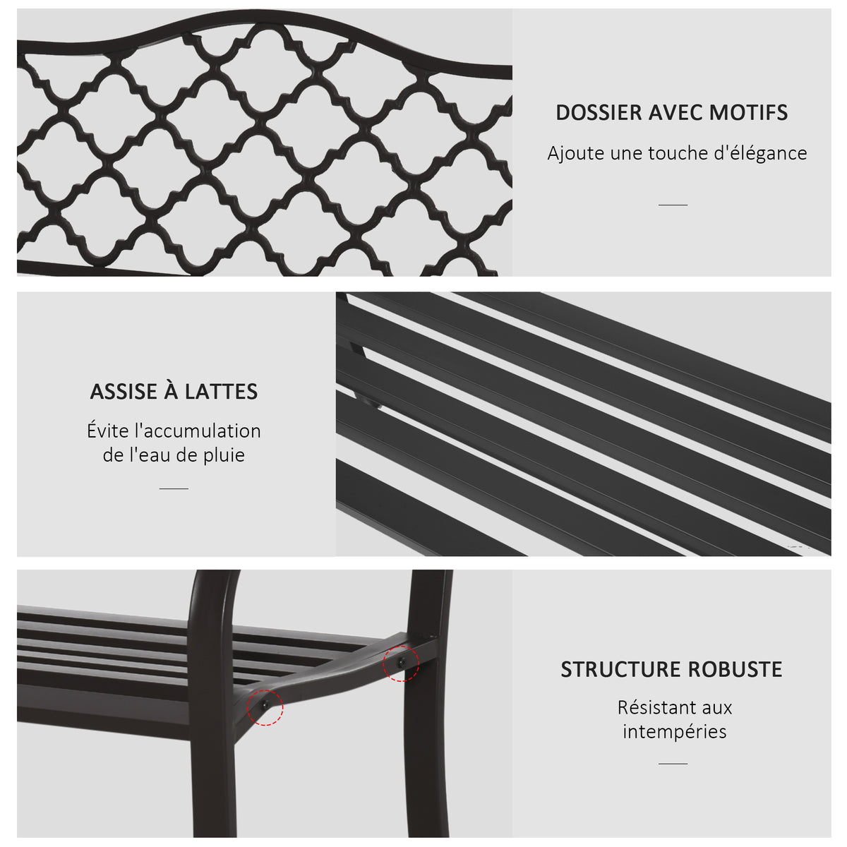 Banc 3 Places de Jardin terrasse Style Rural Chic 128L x 60l x 89H cm métal époxy anticorrosion Fonte Brun