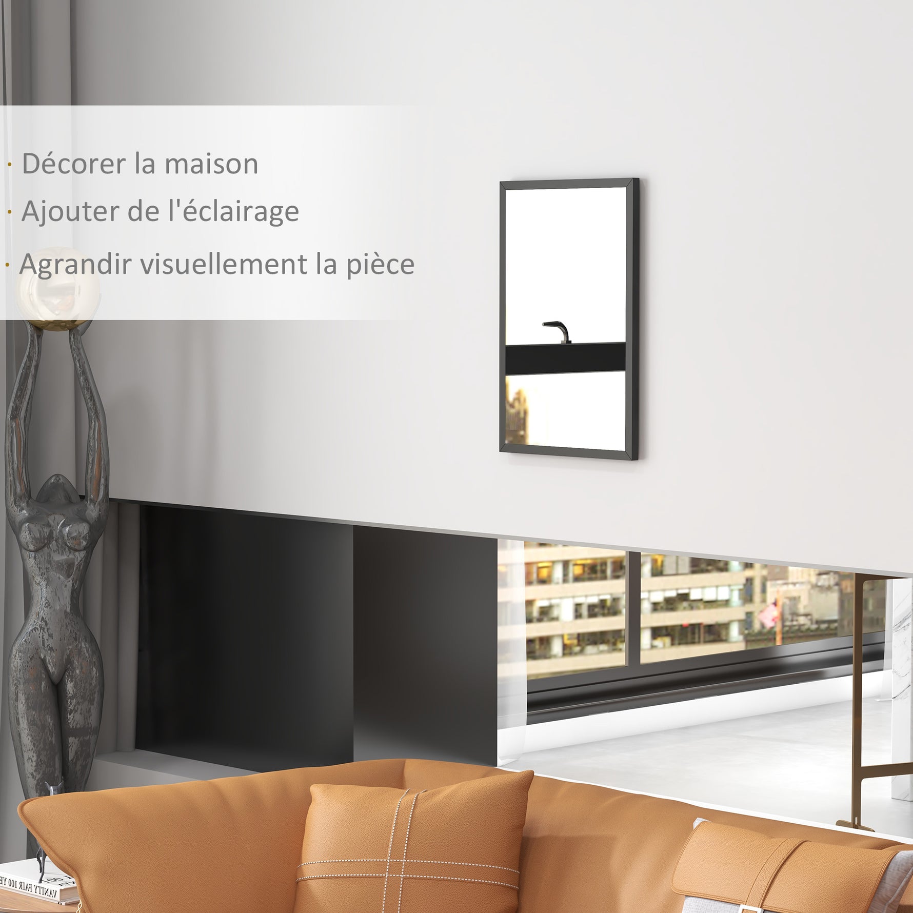 Miroir mural rectangulaire 60 x 40 cm, cadre en bois noir, idéal pour la salle de bain, salon ou chambre