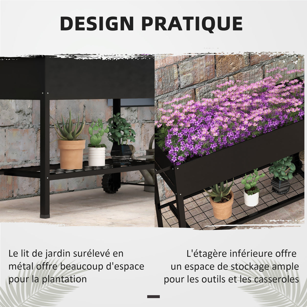 Jardinière sur Pieds Potager dim. 109L x 39l x 80H cm étagère 2 Roues + Insert d'irrigation métal Noir