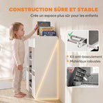 Meuble de rangement jouets enfant avec bibliothèque, 8 bacs en tissu, 2 tiroirs à roulettes et étagères ouvertes, blanc