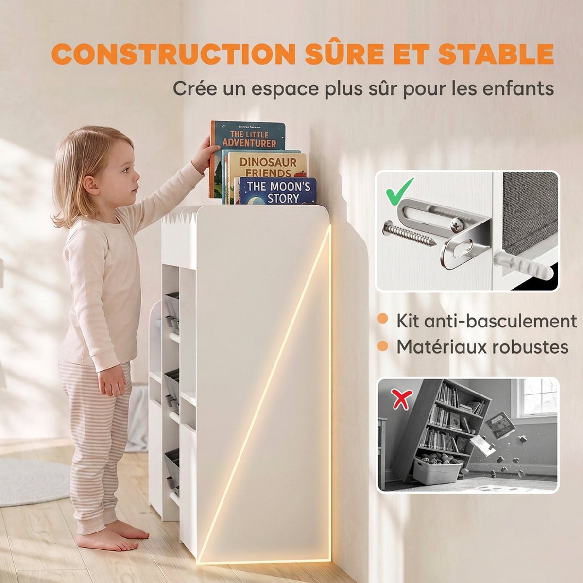 Meuble de rangement jouets enfant avec bibliothèque, 8 bacs en tissu, 2 tiroirs à roulettes et étagères ouvertes, blanc